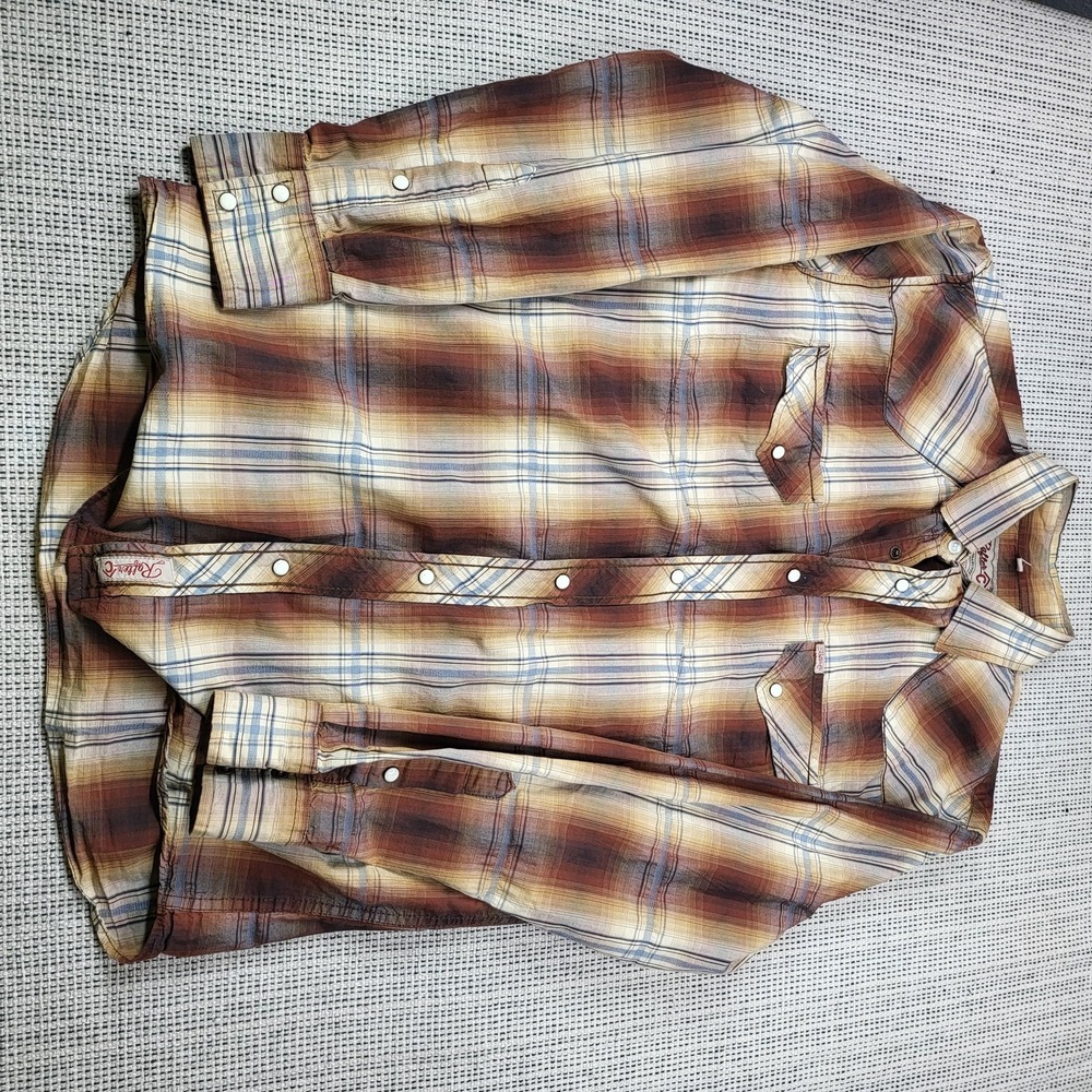 Rafter C Shirt Mens Large Brown Plaid‎ Long Sleeve Snap Front Western Cowboy